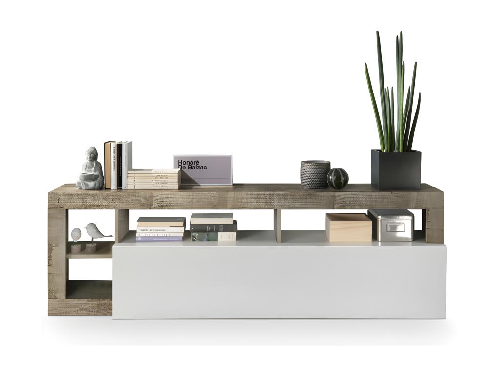 TV stand with 1 drop-down door and 2 shelves, glossy white lacquer/smoked wood - Artvivrestore 65019YZSX