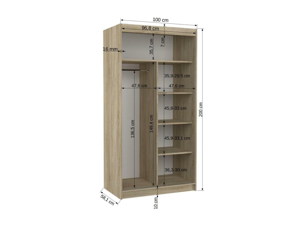 Small bedroom wardrobe with 2 sliding doors, natural finish, with mirror, Bazo 100cm, 65888UJRE