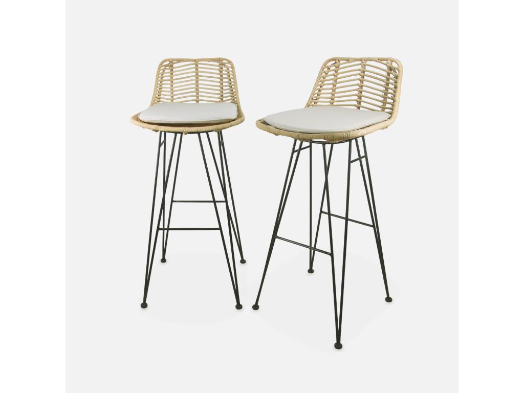 Two bar stools in natural rattan and metal - beige cushions 75cm - Artvivrestore 61744IYNK