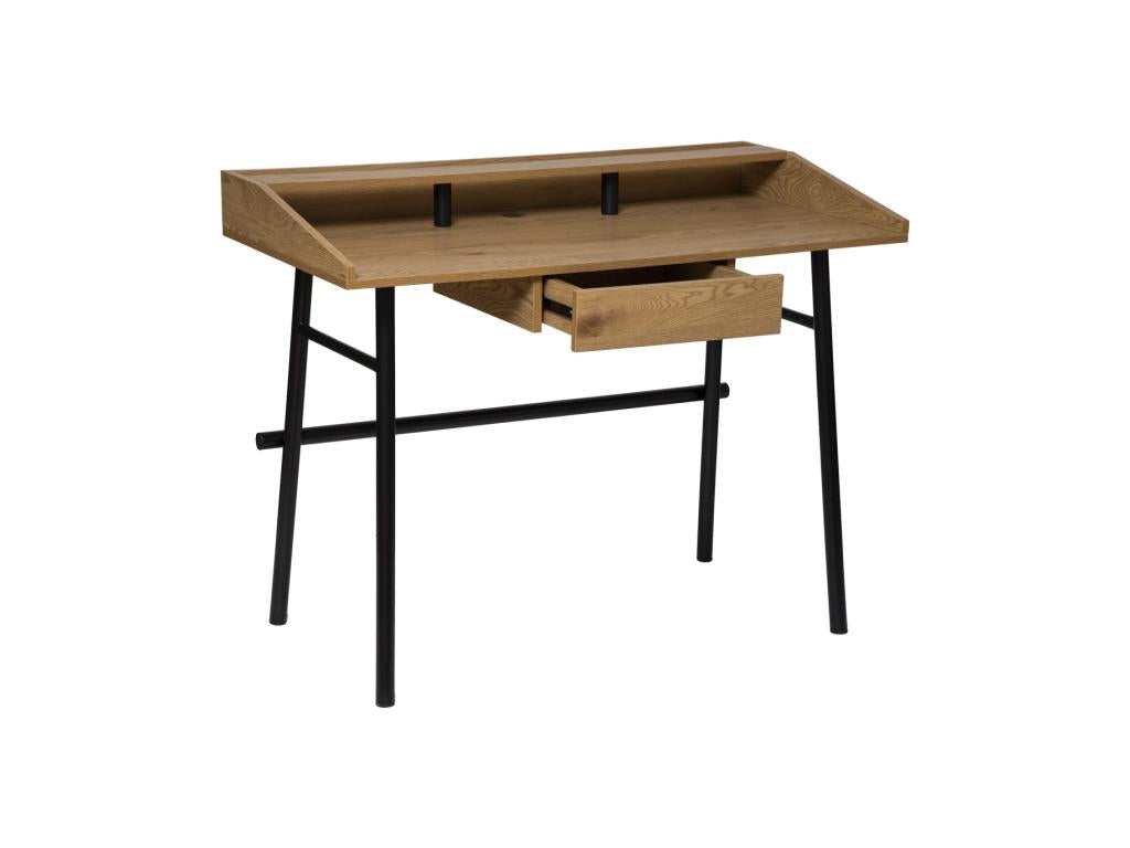 Desk with 1 drawer in oak-effect wood and black metal, 110 cm wide, 85915NGQP