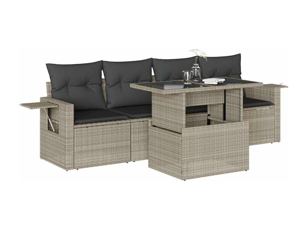 5-piece garden furniture set with light grey cushions, woven resin 88066TEMW